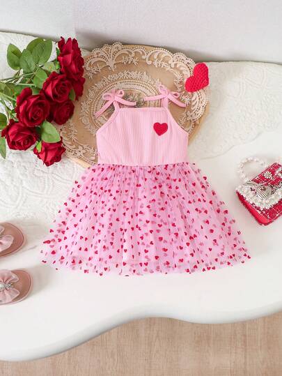 Baby GirlValentine's Day Spaghetti Strap Dress, Flocked Red Heart Design, Lightweight Mesh Skirt, Fluffy And Lively, Suitable For Baby's Spring/Summer Outings, Gatherings, And Daily Wear