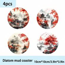 4 piezas/6 piezas/300 piezas Posavasos de barro de diatomeas con diseño de pintura de paisaje, adecuados para decoración del hogar, cafeterías, meriendas, decoración de restaurantes, fiestas temáticas, decoración diaria y también pueden ser regalos