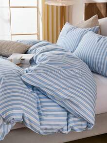 3件套纯棉蓝白条纹印花床上用品(1个被套+2个枕套),柔软亲肤,适合卧室、主卧、客房,四季皆宜。 - 彩色 - 查看 11