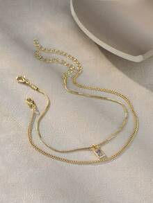 Nooxian 2件套几何长方形吊坠脚链套装，铜镶嵌立方氧化锆，多层镀金链，适合日常休闲佩戴 - 金黃色 - 查看 3