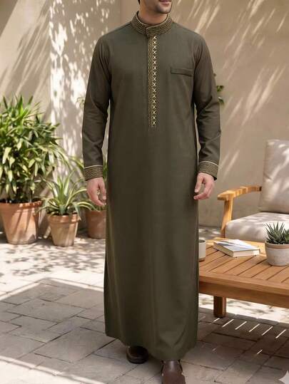 Ramadan Men's Long Robe, Long Sleeve Embroidered Mandarin Collar Design, Olive Green Kaftan Robe, Arabic Men's Fashion Clothing, Suitable For Ramadan Gifts, Festivals, And Formal Occasions