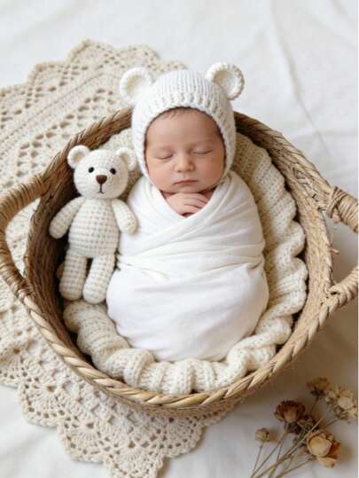 新生儿摄影套装，包含：编织篮、针织服装、熊帽及道具、襁褓毯、婴儿包巾、新生儿首张照片/百日纪念照/每月里程碑摄影道具、新生儿礼品套装