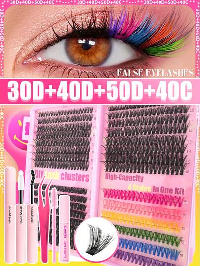 600PCS Individual Lash Clusters 7 Colored Large Capicity Wide Stem D Curl 10-16mm Mixed DIY Lash Clusters Natural Look&Extra Thick&Wispy&Mega Volume&Colorful Reusable DIY Eyelash Extension Kit With Makeup Tool Tweezers&Brushes For Beginner Use At Home Or On-The-Go For Daily Life&Dating&Wedding&Party&Music Festival