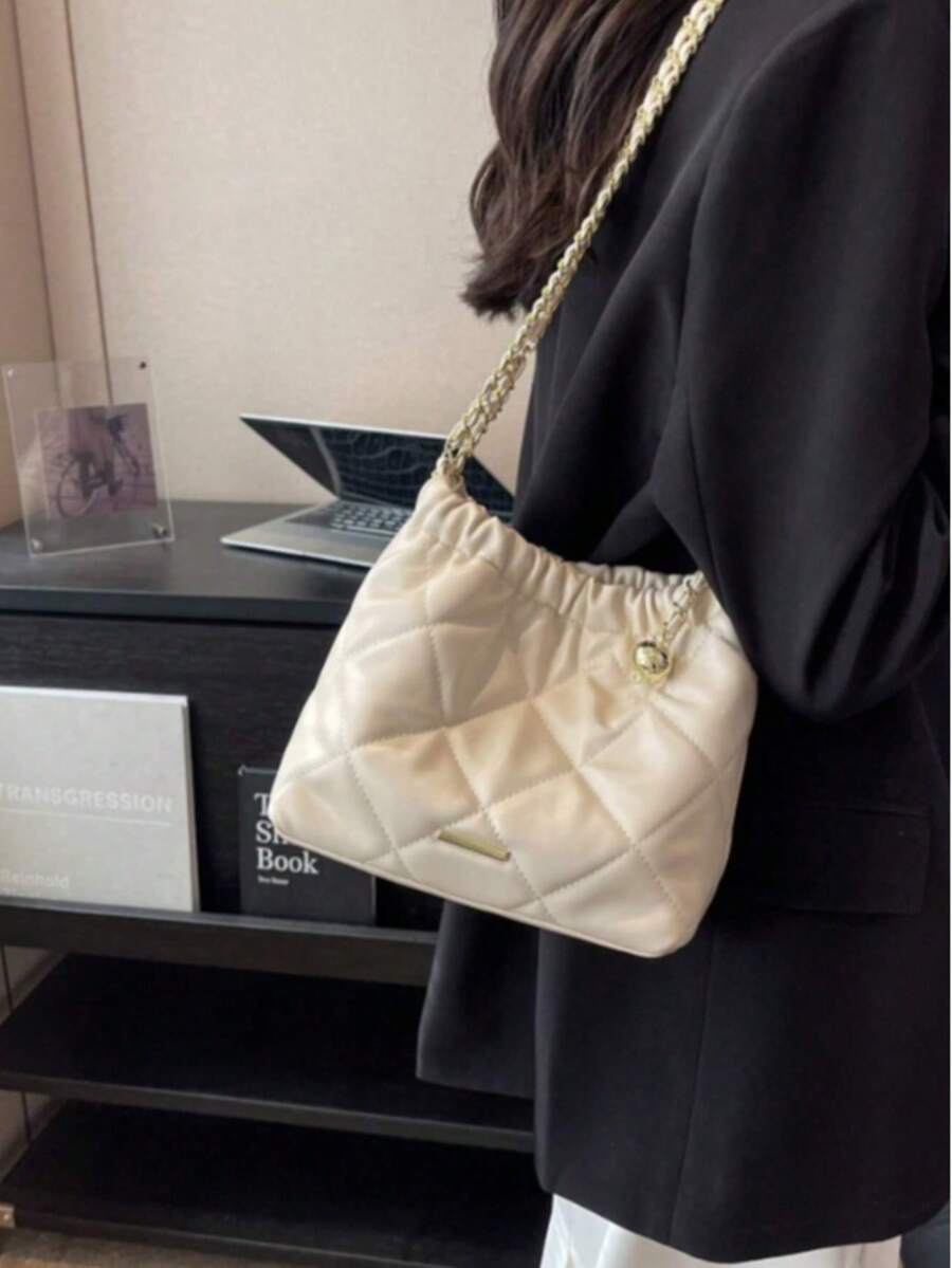 Fashionable Shoulder Bag, Versatile Chic Square Crossbody Bag, Commuter Handbag With Chain Strap, Minimalist Stylish Ladies Shoulder Bag, Quilted Underarm Bag - Beige - View 1