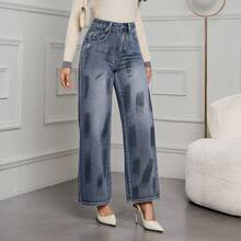女士休闲春季直筒水洗牛仔裤，长款无弹面料，宽松版型 - 霧霾藍 - 查看 1