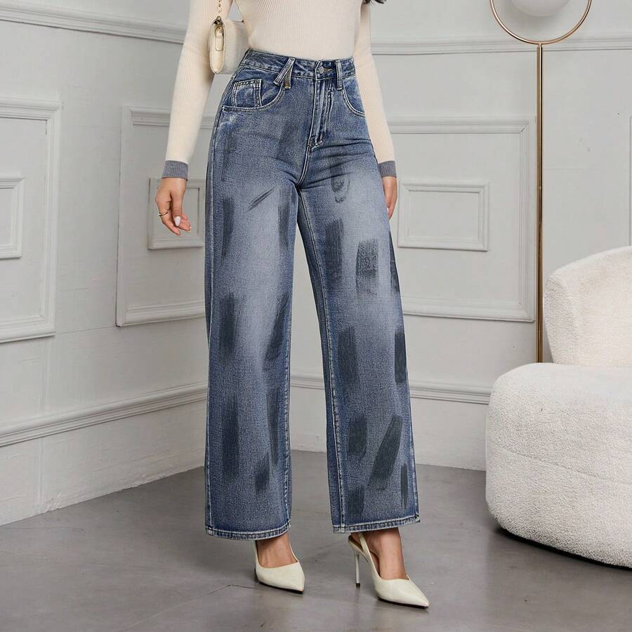 女士休闲春季直筒水洗牛仔裤，长款无弹面料，宽松版型 - 霧霾藍 - 查看 1