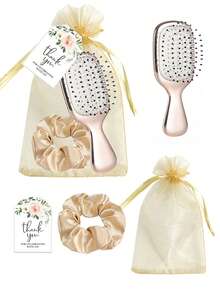 Brodark 4pcs Gold Air Cushion Mini Combs & Yellow Hair Ties, Includes Thank You Card And Drawstring Bag, Wedding Favors, Suitable For Bridal Party, Bachelorette Party, Birthday, Back To School, Mother's Day, Valentine's Day Gifts For Girlfriend - Multicolor - View 1