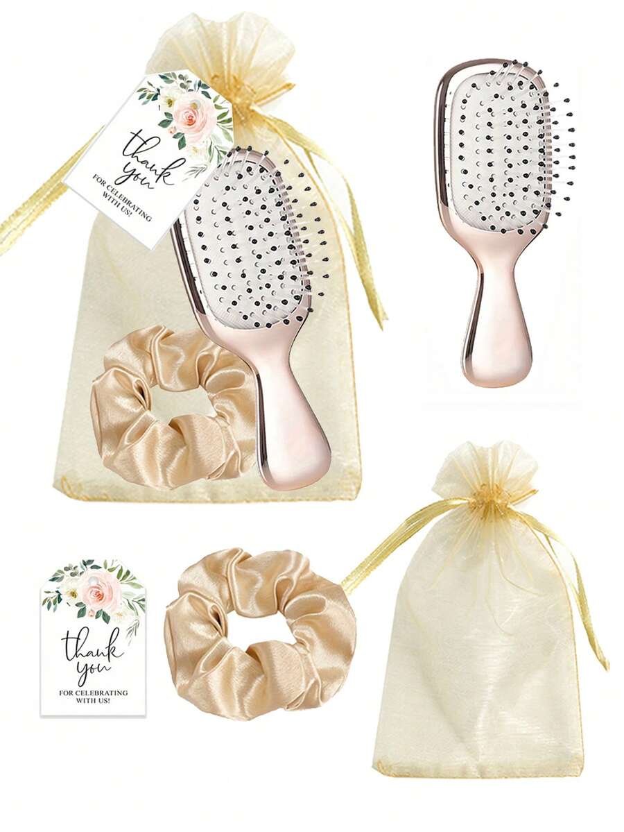 Brodark 4pcs Gold Air Cushion Mini Combs & Yellow Hair Ties, Includes Thank You Card And Drawstring Bag, Wedding Favors, Suitable For Bridal Party, Bachelorette Party, Birthday, Back To School, Mother's Day, Valentine's Day Gifts For Girlfriend - Multicolor - View 1