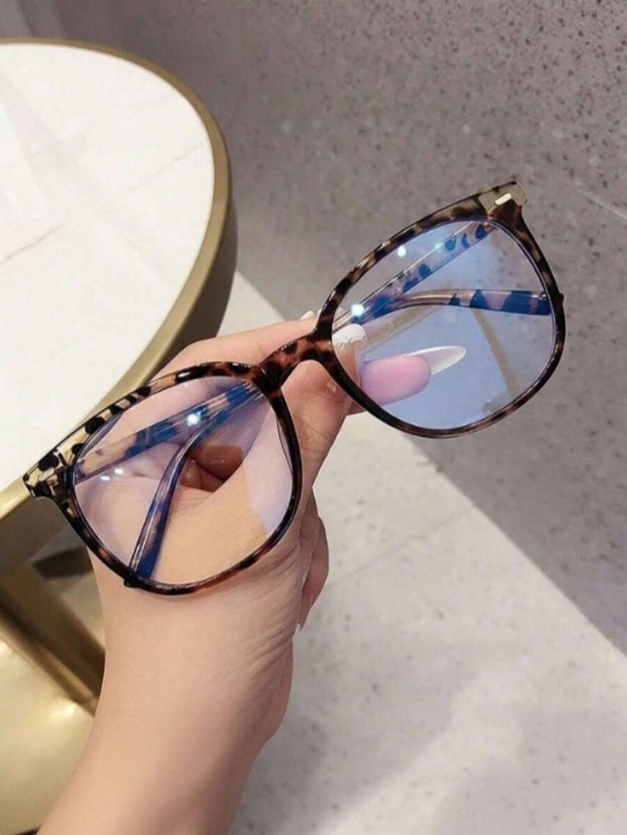 1pc Retro Leopard Print Round Women's Eyeglasses, Transparent Glasses, Phone Accessories, Made Of PC Material, Lightweight And Comfortable, Y2K Style, Suitable For Daily Casual Wear, Office, Commuting, Phone, Computer, Gaming - Multicolor - View 1