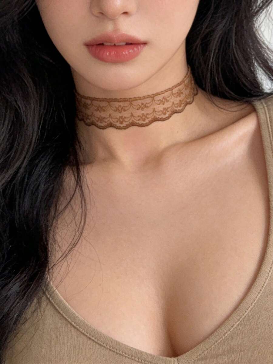 棕色复古短款颈链,蕾丝项圈项链,锁骨链 - 棕色蕾絲 - 查看 1