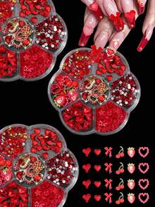 1 Box Mixed Resin Bow, Strawberry, Cherry, Rhinestone Alloy Heart & Cherry Nail Art Decorations, Multi-Functional DIY Nail Supplies Nail Jewelry Nails - Red - View 1