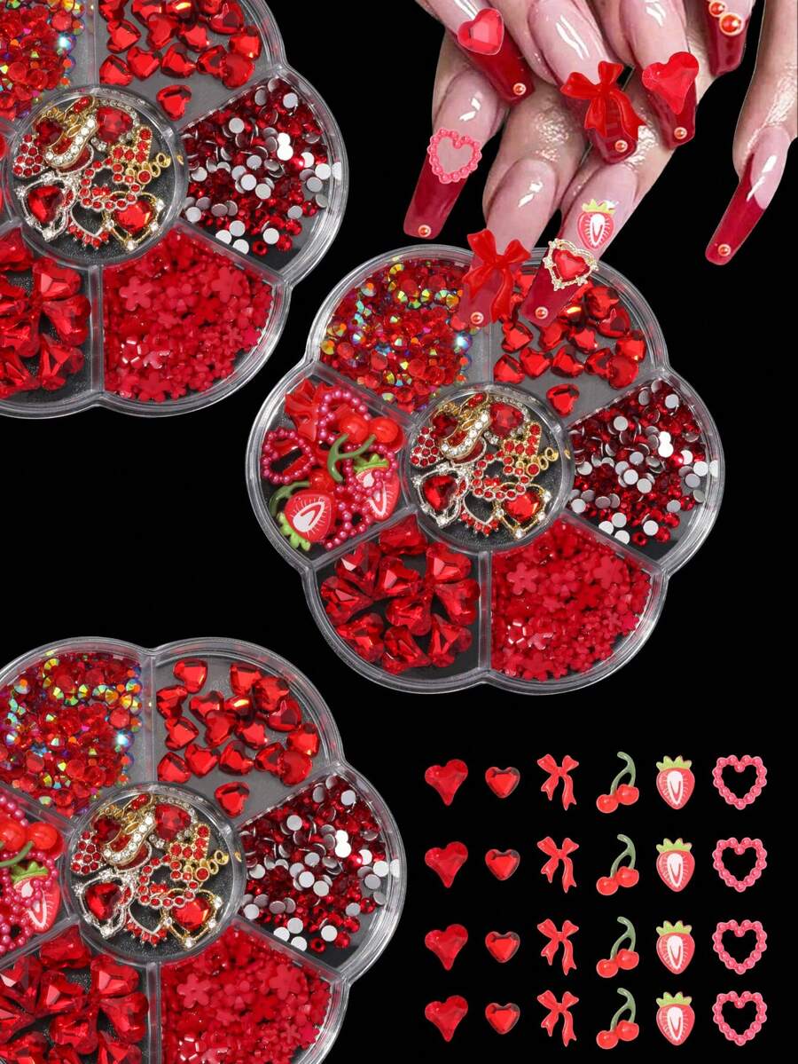 1 Box Mixed Resin Bow, Strawberry, Cherry, Rhinestone Alloy Heart & Cherry Nail Art Decorations, Multi-Functional DIY Nail Supplies Nail Jewelry Nails - Red - View 1