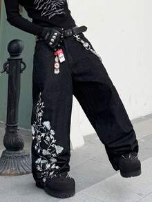 1 pieza Jeans de pierna ancha con bordado de estilo callejero de moda para hombres, suelto y cómodo, versátil para todas las estaciones (sin cinturón ni accesorios) - Negro - Ver 5