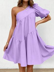 Women's Summer Puffy Sleeve Loose Layered A-Line Fringe Short Dress Casual One Shoulder Dresses