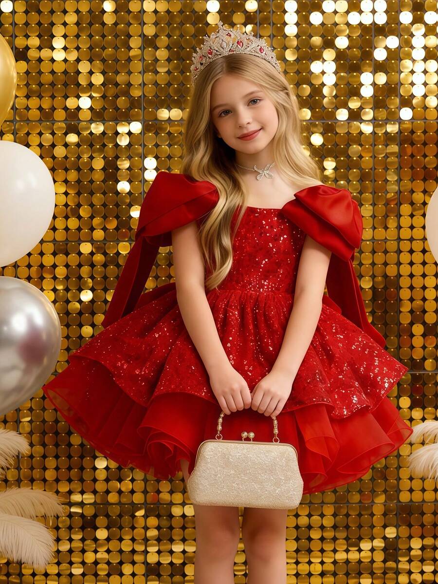 少女优雅可爱大蝴蝶结露肩亮片网眼派对连衣裙，适合生日、派对、圣诞节 - 紅色 - 查看 1