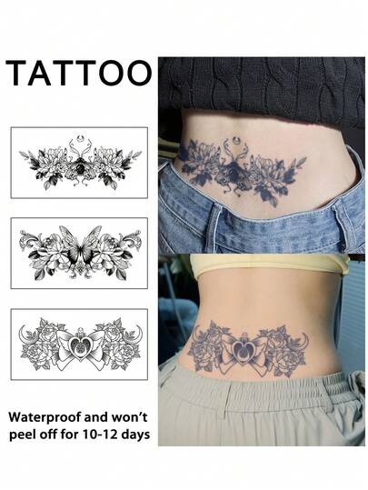 3张临时纹身贴纸，半永久性逼真花卉蝴蝶情侣性感游戏图案，防水防汗，持续1-2周，逼真的花草汁液效果，不反光，男女通用，适用于手臂、胸部、腿部、腹部、腰部、手指、颈部、脊柱等部位，现代人体艺术