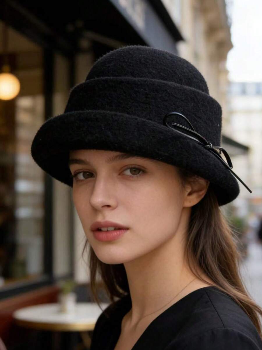 1顶女士针织渔夫帽，复古蝴蝶结装饰时尚帽，适合派对、日常穿着和度假装扮 - 彩色 - 查看 1