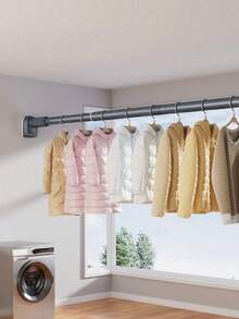 1pc Retractable Stainless Steel Balcony Clothes Drying Rack, Bathroom Curtain Rod, Wardrobe Closet Rail, Storage & Organization, Women White T-Shirt, Women Black Pants, Women Winter Clothing, Dress, Women Winter Outfit, Elegant Women Dress, Women White Long Sleeve Shirt, Women Spring Dress, Women Spring Set, Spring, Spring Apparel, Minimalist, Summer Top - Black - View 9