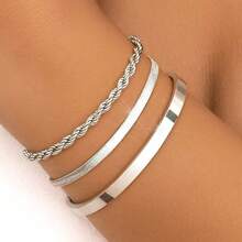 Kit 3 pulseiras de luxo femininas: pulseira de corrente + pulseira de metal polido + pulseira de osso de cobra - Prata - Visão 2