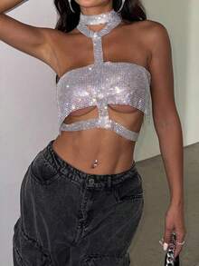 Lingerie Tops For Women Sparkly Rhinestones Halter Neck Babydoll Naughty Bra Tops - 銀色 - 查看 6