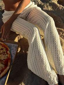 女士休闲纯色奶油色纹理透视性感提花宽松长裤，适合夏季度假、海滩、运动、日常穿着、情人节约会 - 杏色 - 查看 1