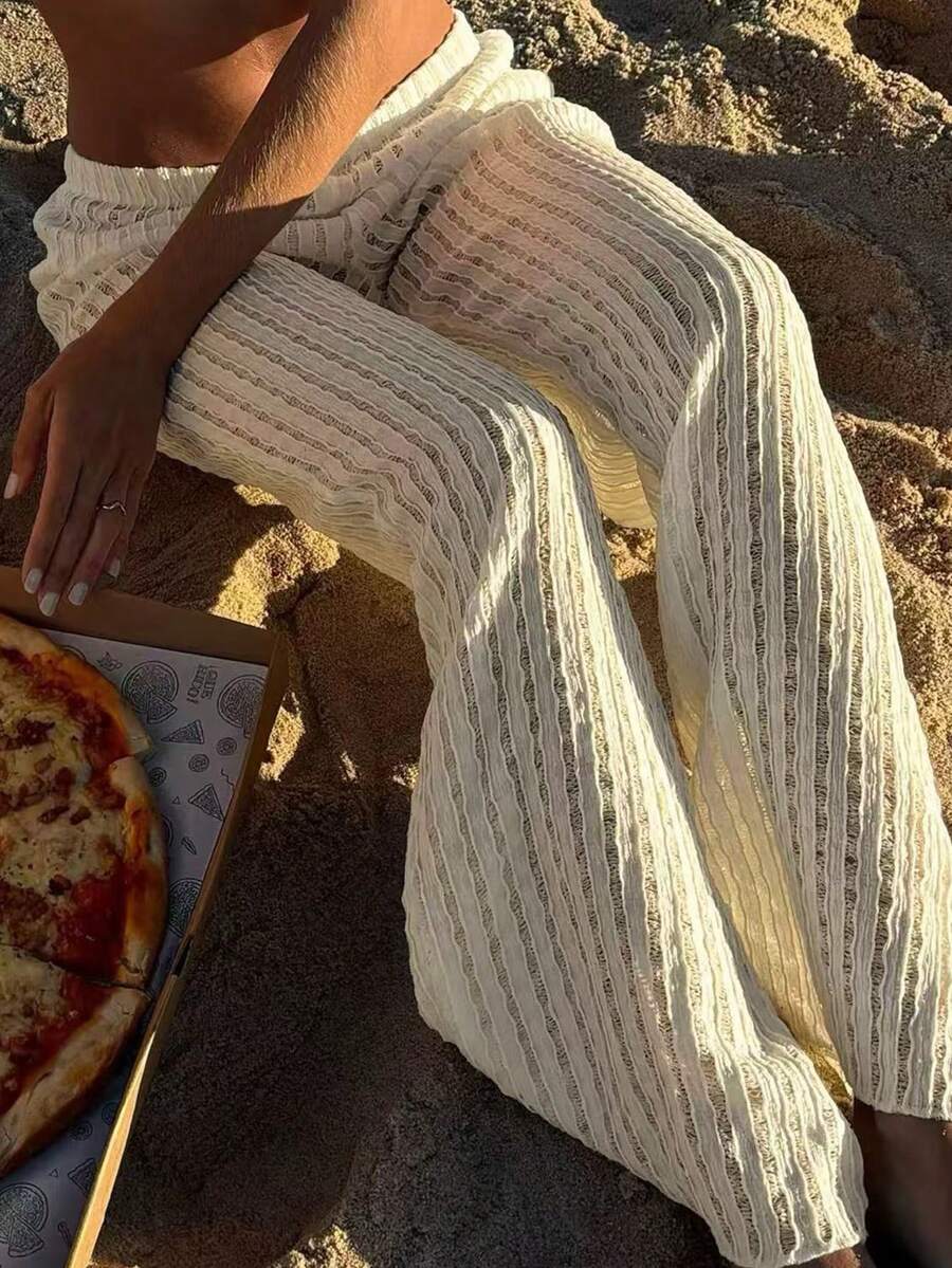 女士休闲纯色奶油色纹理透视性感提花宽松长裤，适合夏季度假、海滩、运动、日常穿着、情人节约会 - 杏色 - 查看 1