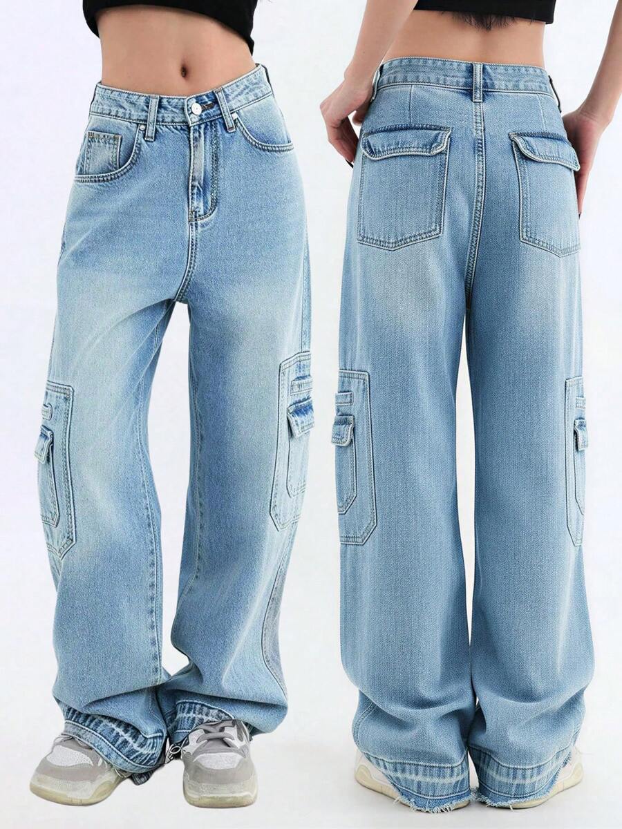 Womens Cargo Pants Fall Mid Waist Baggy Jeans Pocket Wide Leg Casual Y2k Grunge Clothes - 淺藍色 - 查看 1