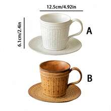 Fashionable & Exquisite Textured Embossed Ceramic Mug & Saucer Set - Durable Enamel Glaze Finish, Suitable For Daily Home Use, Gatherings, Weddings, Gifts, And Office - Multicolor - View 2