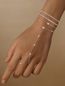 EleRunis 1PC 925 Sterling Silver Dainty Diamond Ring Bracelet Hand Chain Ring Set For Women Dainty Cubic Zirconia Bracelet And Ring Chain Body Jewelry Daily Wear Wedding Party Engagement Anniversary Valentine's Day - Silver - View 2