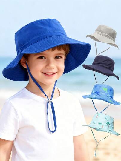 1 PC Kid's Wide-Brim Sun Protection Bucket Hat With Windproof Chin Strap - Minimalist Solid Color Or Cartoon Printed Design, Lightweight Breathable For Daily/Travel/Beach