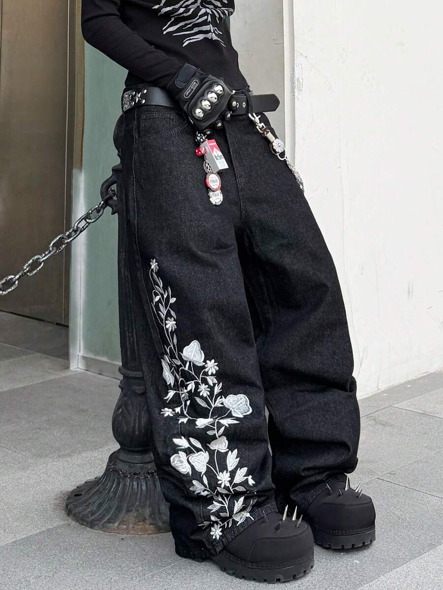 1 pieza Jeans de pierna ancha con bordado de estilo callejero de moda para hombres, suelto y cómodo, versátil para todas las estaciones (sin cinturón ni accesorios) - Negro - Ver 1