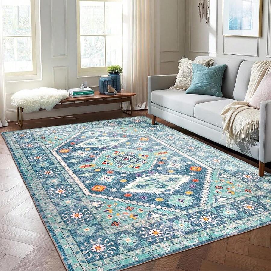 8x10 Area Rugs Living Room, Washable Non Slip Floral Floor Carpet, Low Pile Lightweight Print Rugs Bedroom, Dining Room, Home Office, Blue And Green, Trending Boho Style - 04blue - 查看 1
