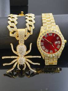 1 Set Bulldog Pendant Rhombus Cuban Chain Necklace & Bracelet, Men's Red Watch, Fashionable & Cool Men Accessories