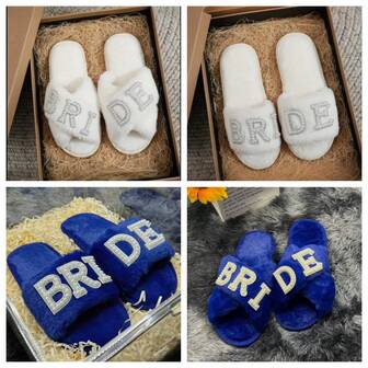 Bride Slippers, Warm And Comfortable Open-Toe Slippers, Suitable For Bridal Parties, Bachelorette Parties And Wedding Day, Flat Criss-Cross Open-Toe White Slippers, Gift Flat Fluffy Slippers, White Slippers, Blue Slippers, Women's Bride Rhinestone Slippers White Furry Wedding Bridal Slides, Bridal Party Fuzzy Slippers With BRIDE Letter Embellished Indoor Wedding Shoes, Western Wedding Bride Slippers Soft Fluffy Rhinestone Embroidered Slide Sandals