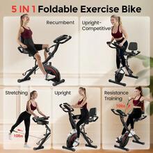 FEIERDUN Folding Exercise Bike, 5 IN 1 Stationary Bikes For Home 6.6 LBS Flywheel, 330LB Weight Capacity Back Support Cushion Indoor Workout Cycling Bike For Home Gym - 黑紅 - 查看 2