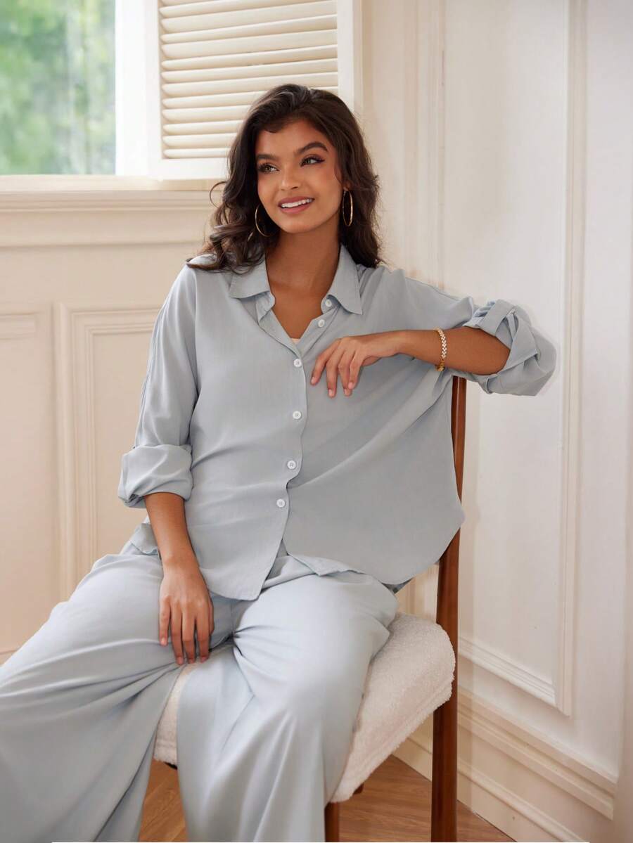 Women's Button Down Shirt & Wide Leg Pants Loungewear Set 2pcs Drop Shoulder Summer Women Set Long Pants - 淺灰色 - 查看 1