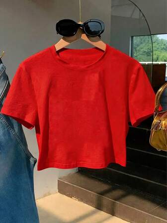 圣诞纯色女式休闲短袖短款上衣