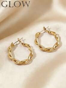 1 Pair Lightweight Metallic Gold Geometric Braided Stud Earrings, Minimalist Chic Design, Suitable For Young Girl Everyday And Festive Wear - Gold - View 4