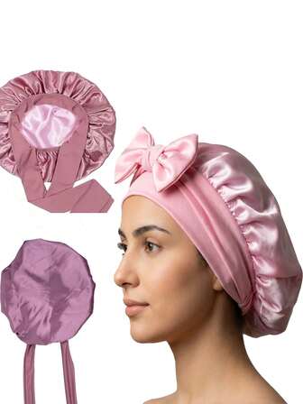 Dammössa med dubbla lager och föroreningar: Enfärgad, slät elastisk satindesign med knytband. Avslappnad och bekväm, mjuk och hårvårdande mössa med design som förhindrar halkskydd.