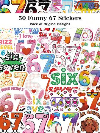 YWWBLD 50 ملصق مضحك بالرقم 67 لأغراض الكمبيوتر المحمول والأمتعة والمفكرات وصناديق التخزين وديكور الغرفة DIY