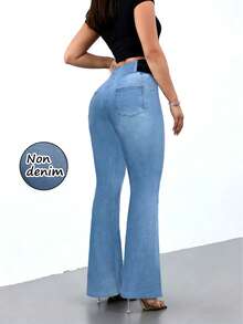 Women's High-Stretch Flared Pants With Faux-Denim Look Print – Slimming Retro Style Trousers, Comfortable, Breathable And Casual