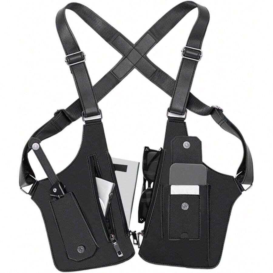 Leather Shawl Vest Chest Bag, Backpack, Concealed Underarm Leather Wallet, Adjustable, Anti-Pickpocket, Multiple Compartments, Unisex Leather Protective Gear, Stylish Retro. - màu đen - Xem 1