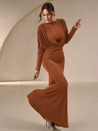 Women's Elegant Green Smooth & Glossy Fitted Maxi Dress - Features Draped Neckline, Hooded Design, Fishtail Hem, Ideal For Bridesmaid, Wedding, Afternoon Tea, New Year Celebration And More