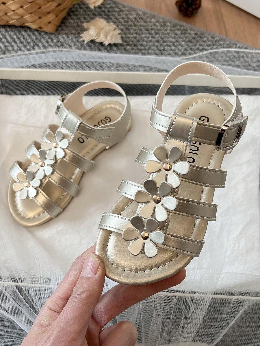 2026 New Design Girls' Summer Flip Flops - 3D Flower Studs, Glossy Anti-Slip, Open Toe With Multiple Straps, Flat Heel, Shiny And Sweet Style, Garden Party Shoes, Summer Outfit Shoes - Gold - View 1