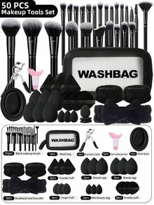 50件套化妆工具套装，包括：1个多功能防水拉链化妆包+25支化妆刷+6个化妆海绵+3个迷你化妆海绵+3个三角粉扑+3个迷你气垫粉扑+1个发圈+2个手碗挂绳+1套化妆刷清洁工具+3个气垫粉扑+1套眼部彩妆工具+1个睫毛夹。旅行必备，情人节礼物，价格实惠，旅行化妆刷套装，女士礼物，化妆师必备，专业全套化妆工具。 - 彩色 - 查看 16