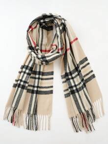 1件装女士时尚经典简约条纹格子撞色流苏装饰围巾，多功能保暖防风围巾/披肩，适合秋冬季户外、休闲、旅行 - 米色 - 查看 9