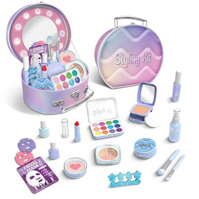 Kosmetikaset för barn, utklädningsverktygssats för barn (kosmetikaleksaker av plast ej), bärbart sminkverktygsset för flickor med förvaringspåse, kosmetikaset för barn, realistiska sminkleksaker, perfekt för utklädningslek och föreställningsfester för barn, perfekta födelsedags- och julklappar