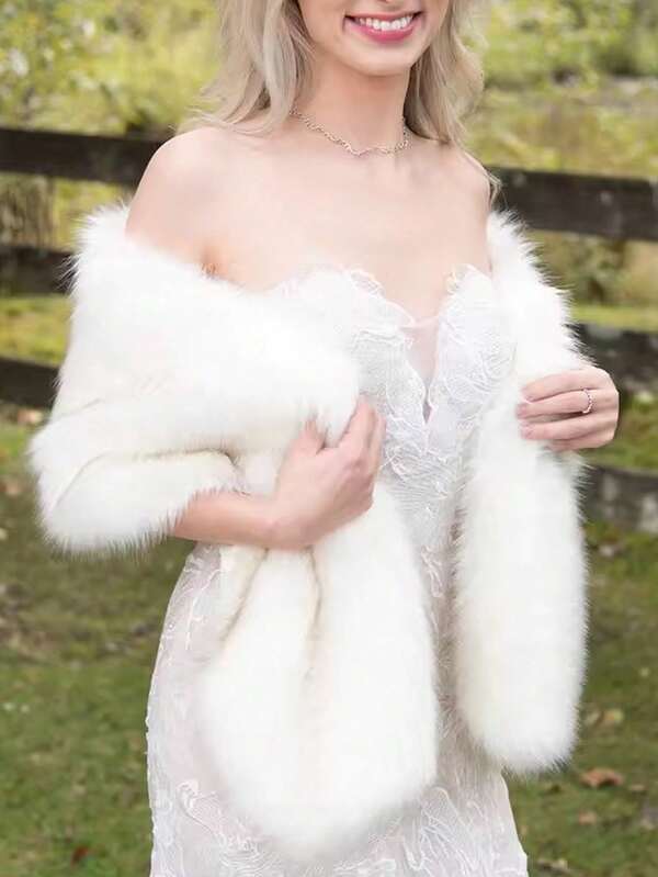 1pc Soft Faux Fur Bridal Shawl, Thick Winter Warm Elegant Wrap For Wedding Dress, Suitable For Daily, Wedding, Party Events, Windproof, Evening Gown