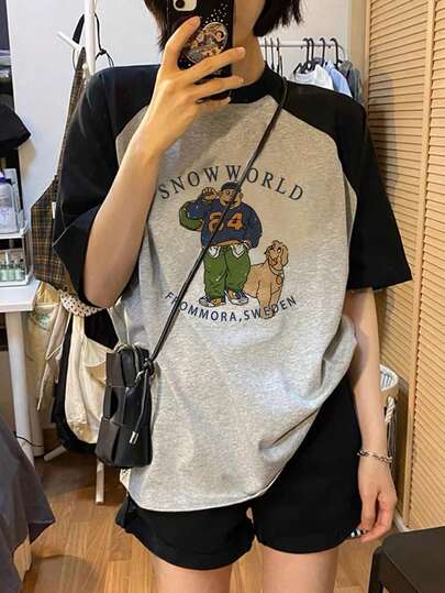Women's Contrast Color Round Neck Casual Letter & Cartoon Print Short Sleeve T-Shirt, Spring/Summer