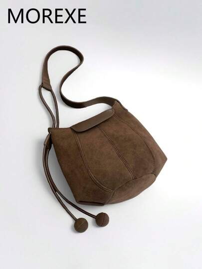 女士手提包，哑光PU皮革拼接水桶包，时尚单肩/腋下包